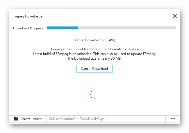 Скачивание кодека для записи видео с экрана в программе Captura для Windows 10